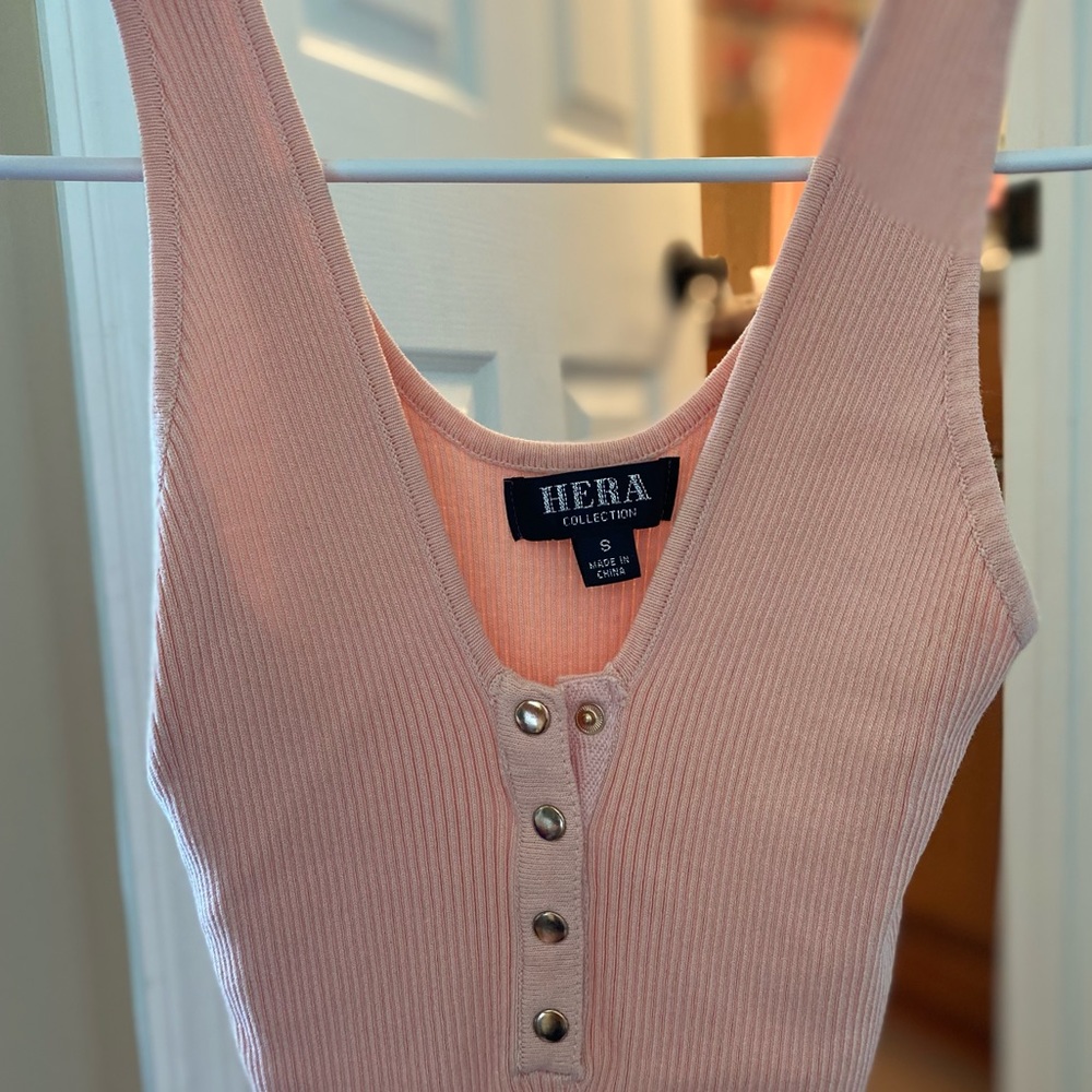 Ribbed soft pink stretchy bodycon dress with button detail
